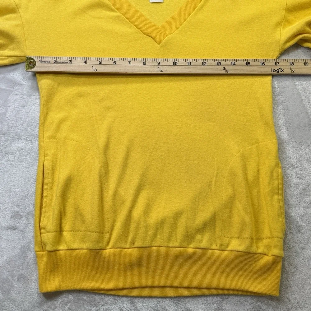Vintage 70s Jill Short Sleeve Sweatshirt Yellow V Neck Kangaroo Pocket Women's M
